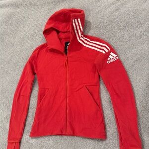 adidas Women's Red Hooded Zip-Up Jacket with Three Stripes